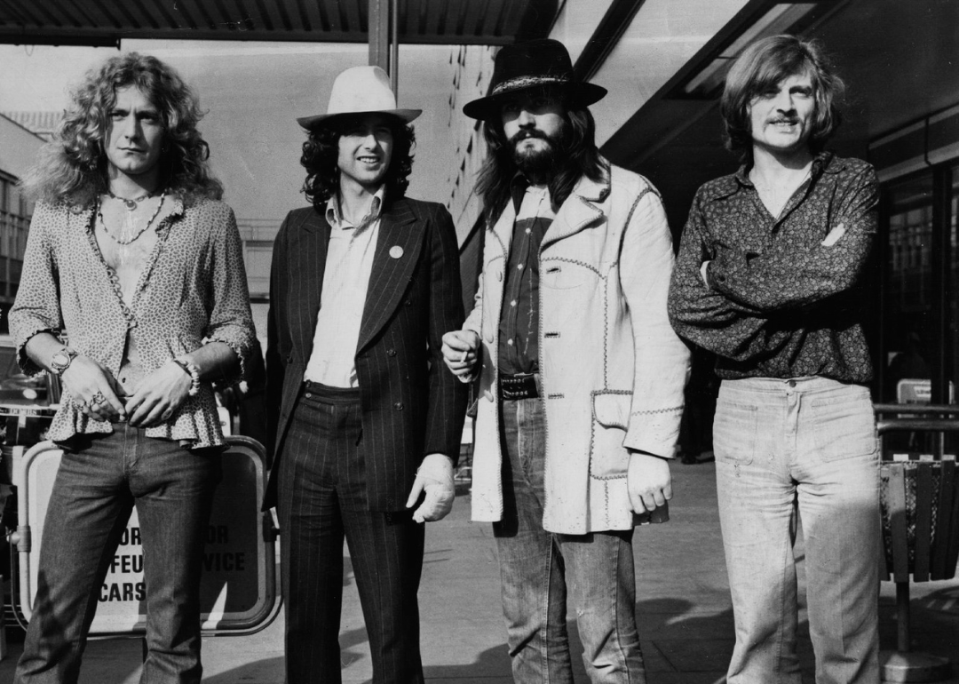  British rock band Led Zeppelin. From left to right, Robert Plant, Jimmy Page, John Bonham (1947 - 1980), John Paul Jones.