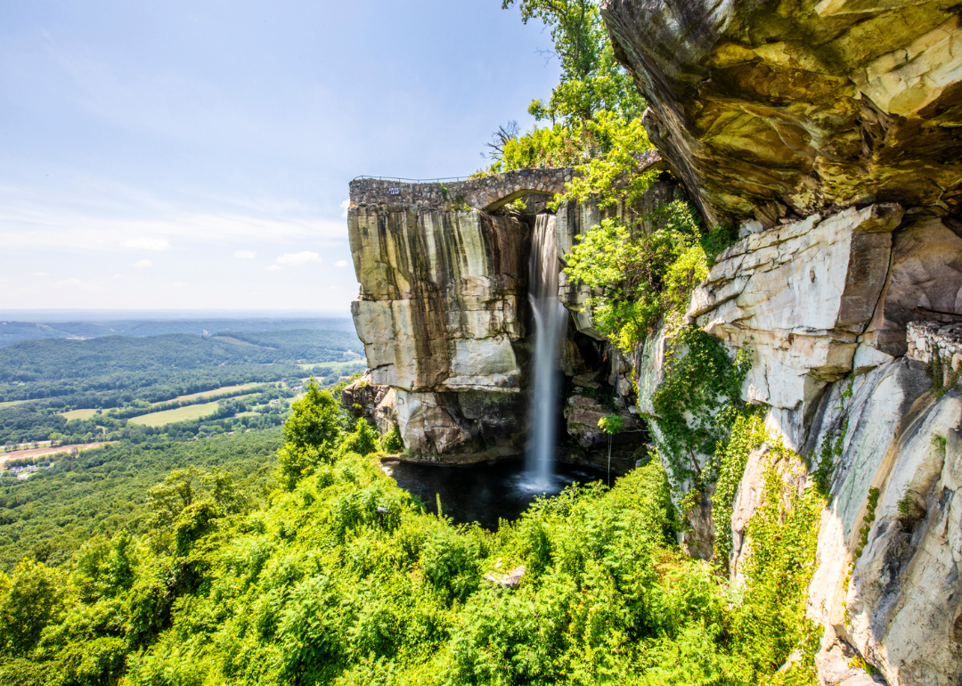View of the waterfall off a cliff in Lookout Mountain, Georgia