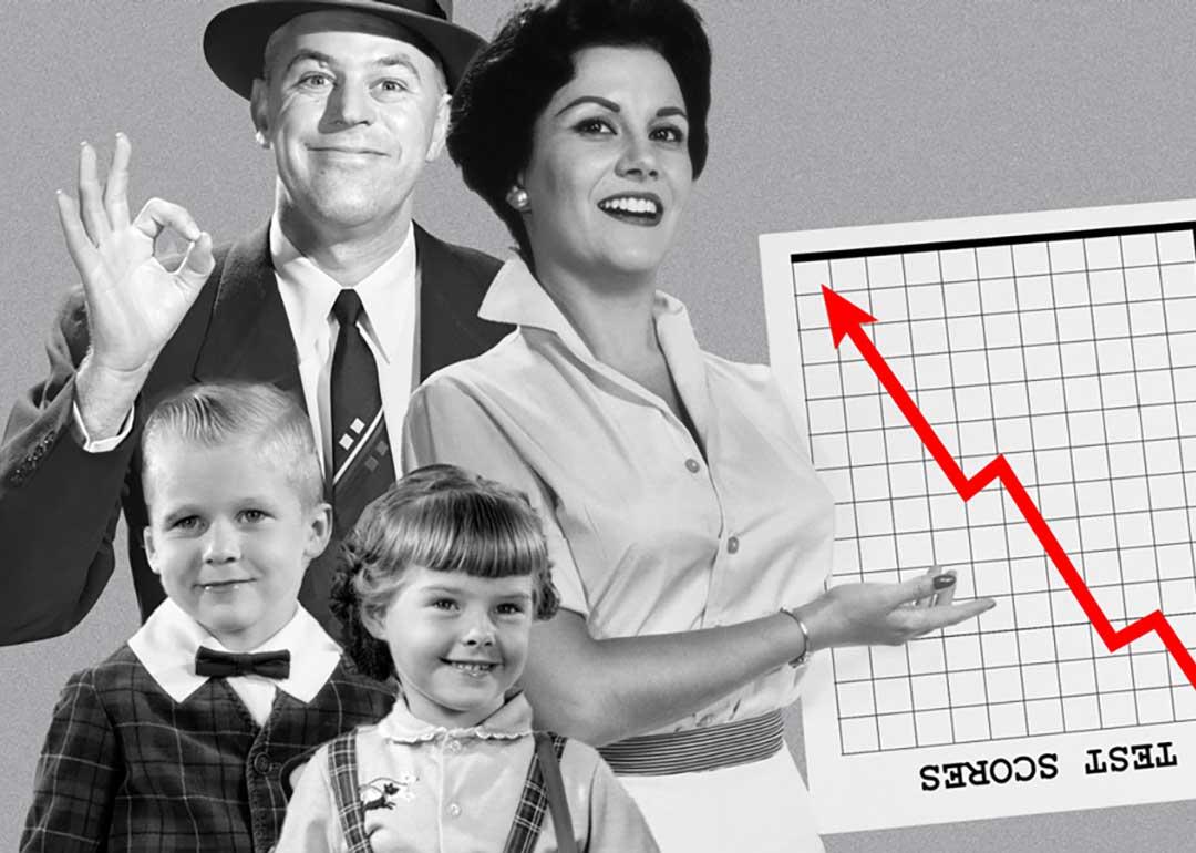 black and white photo illustration of parents looking oblivious despite test scores decreasing