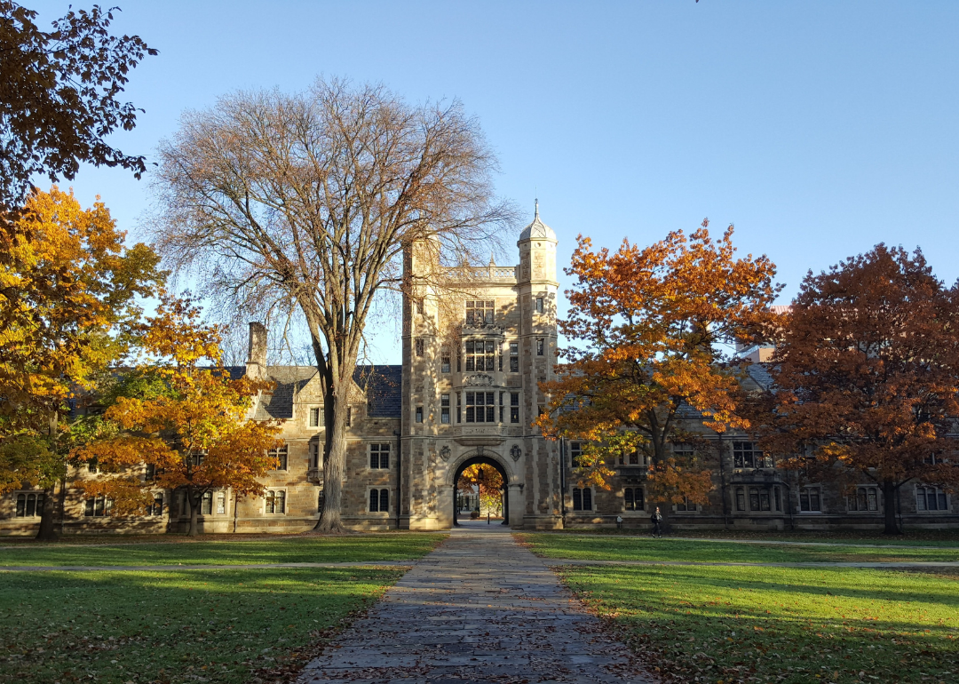 A building at the University of Michigan, Ann Arbor, surrounded by autumn foliage