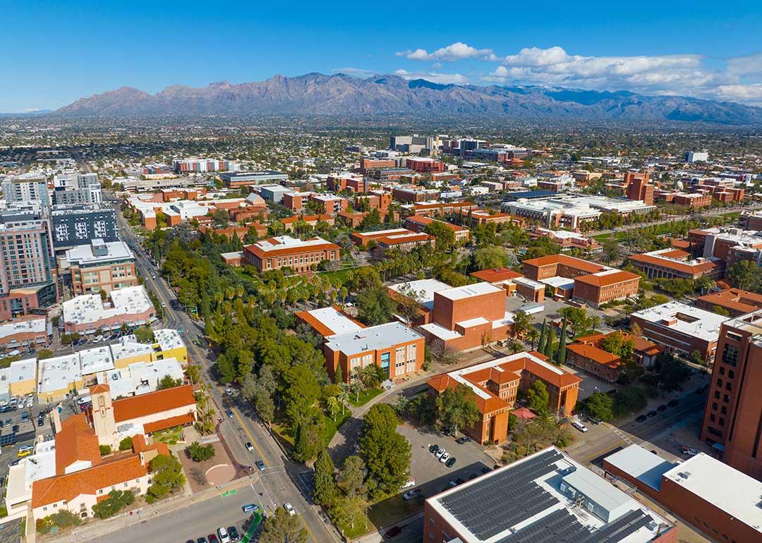 University of Arizona main campus aerial view including University Mall and Old Main Building in Tucson