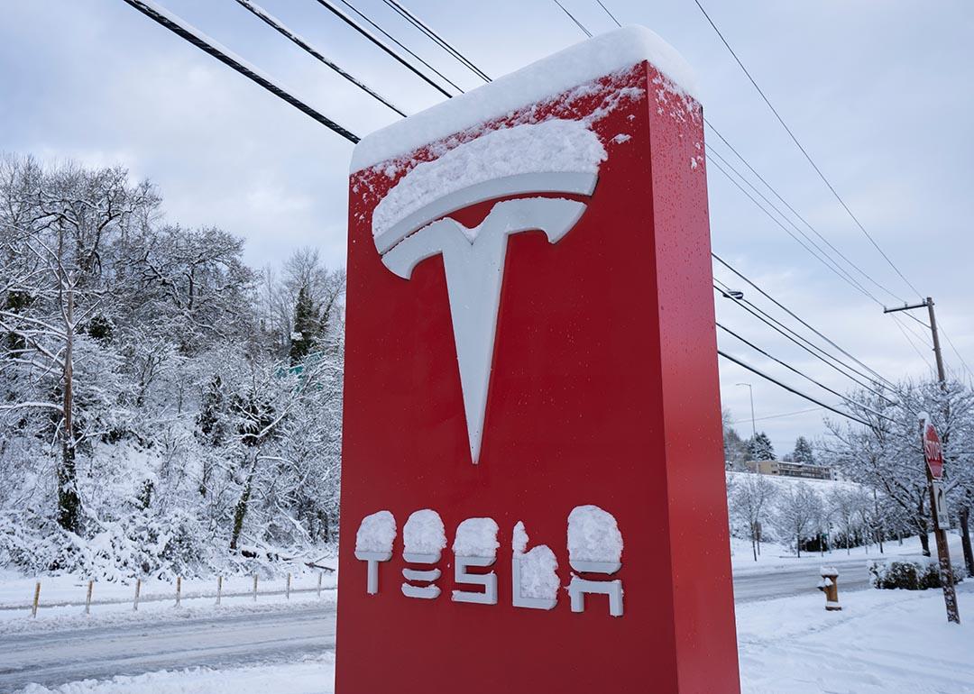 Tesla charging station in Portland, OR covered in snow