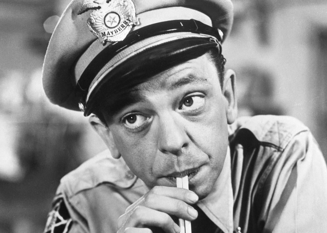 Actor Don Knotts is shown in a scene from the television series 'The Andy Griffith Show,' where he played Barney Fife.