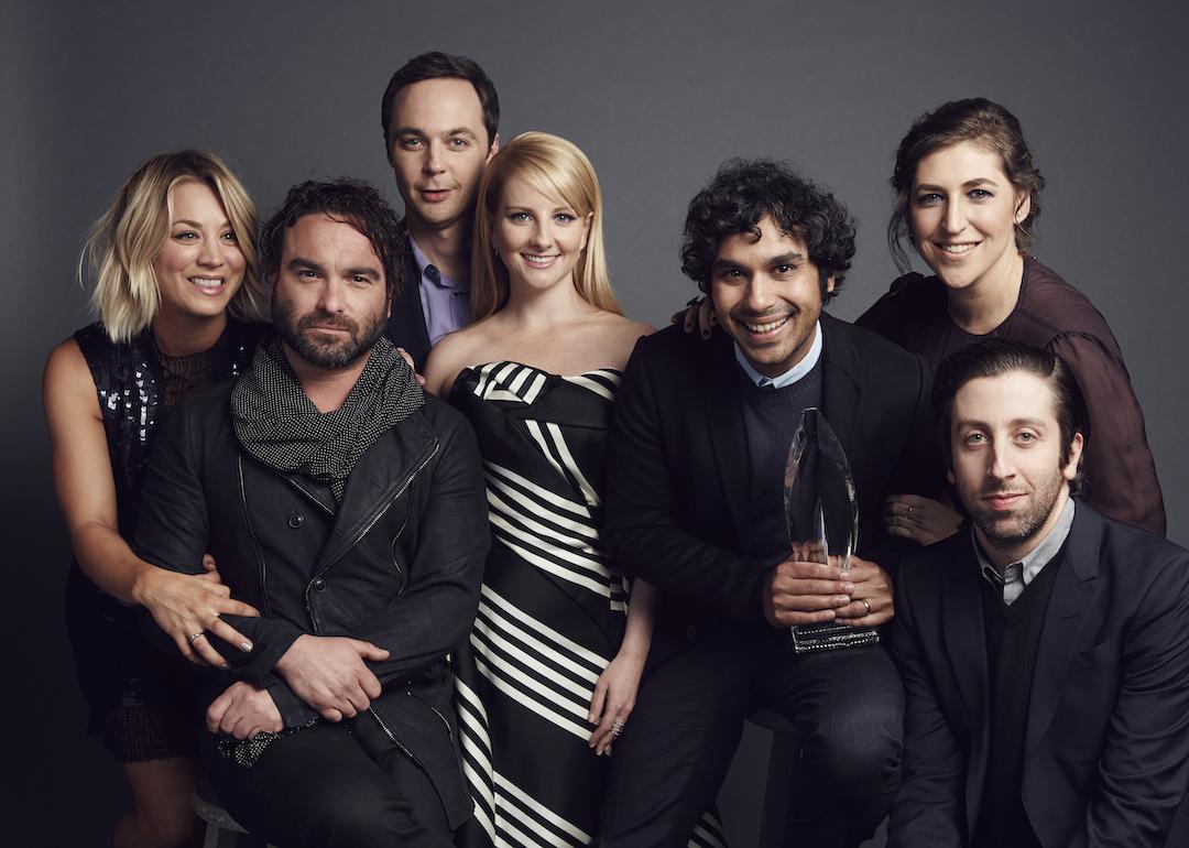 The actors of 'The Big Bang Theory'—Kaley Cuoco, Johnny Galecki, Jim Parsons, Melissa Rauch, Kunal Nayyapose, Mayim Bialik, and Simon Helberg—pose for a portrait at the 2016 People's Choice Awards at the Microsoft Theater on Jan. 6, 2016 in Los Angeles, California.