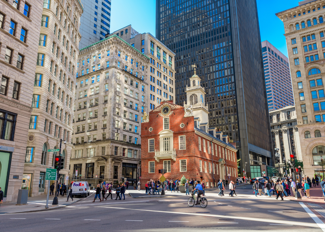 Pedestrians crossing the street at the Old State House in Boston