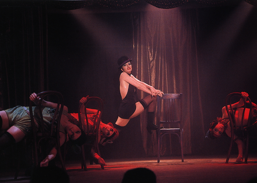 Liza Minelli performing on-stage in a scene from 'Cabaret' (1972)