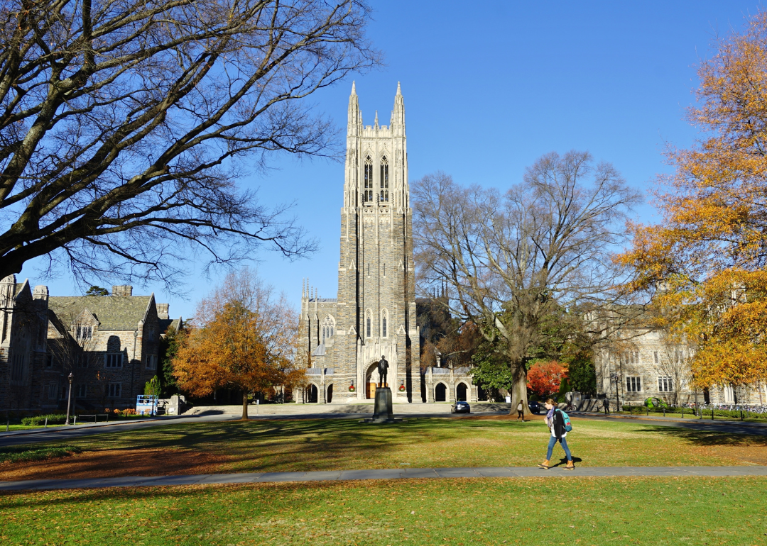 View of the Duke University campus in autumn as a student walks across the lawn.