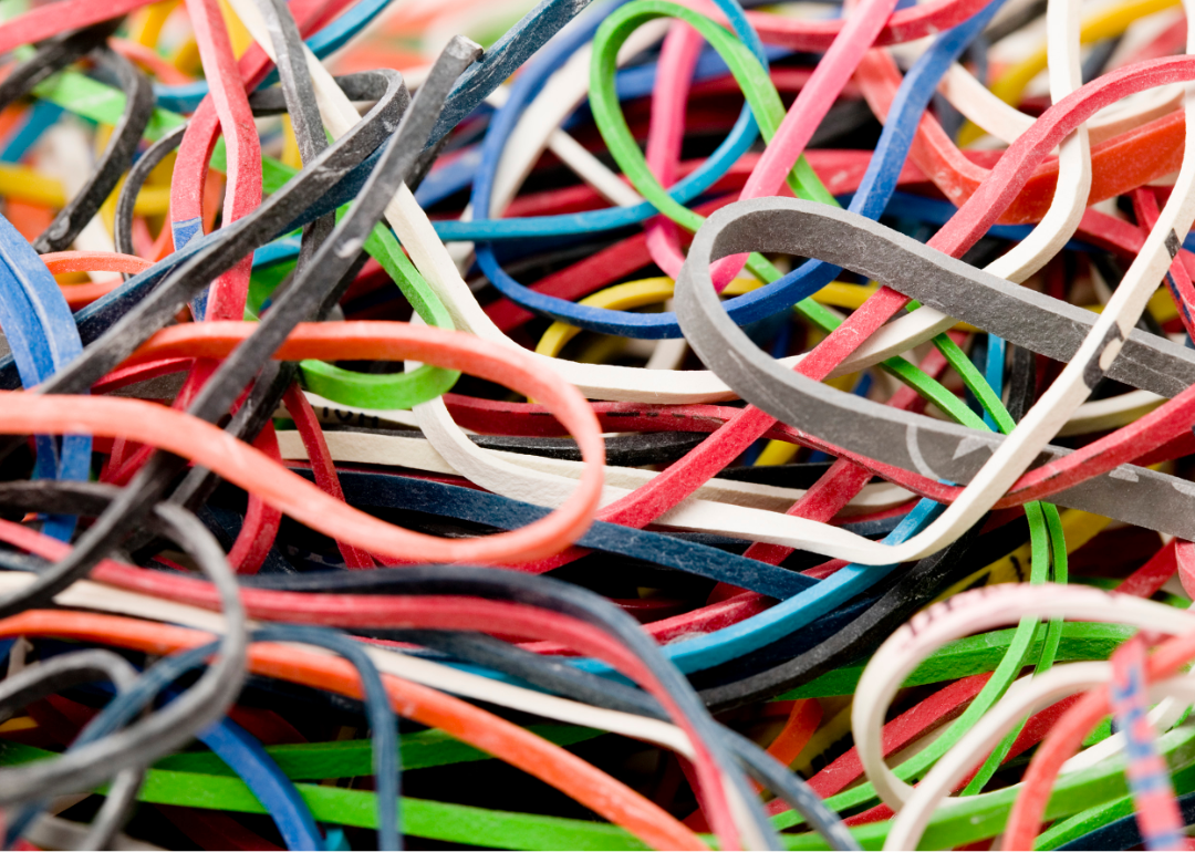 A pile of colorful rubber bands, also called gum bands in Pennsylvania