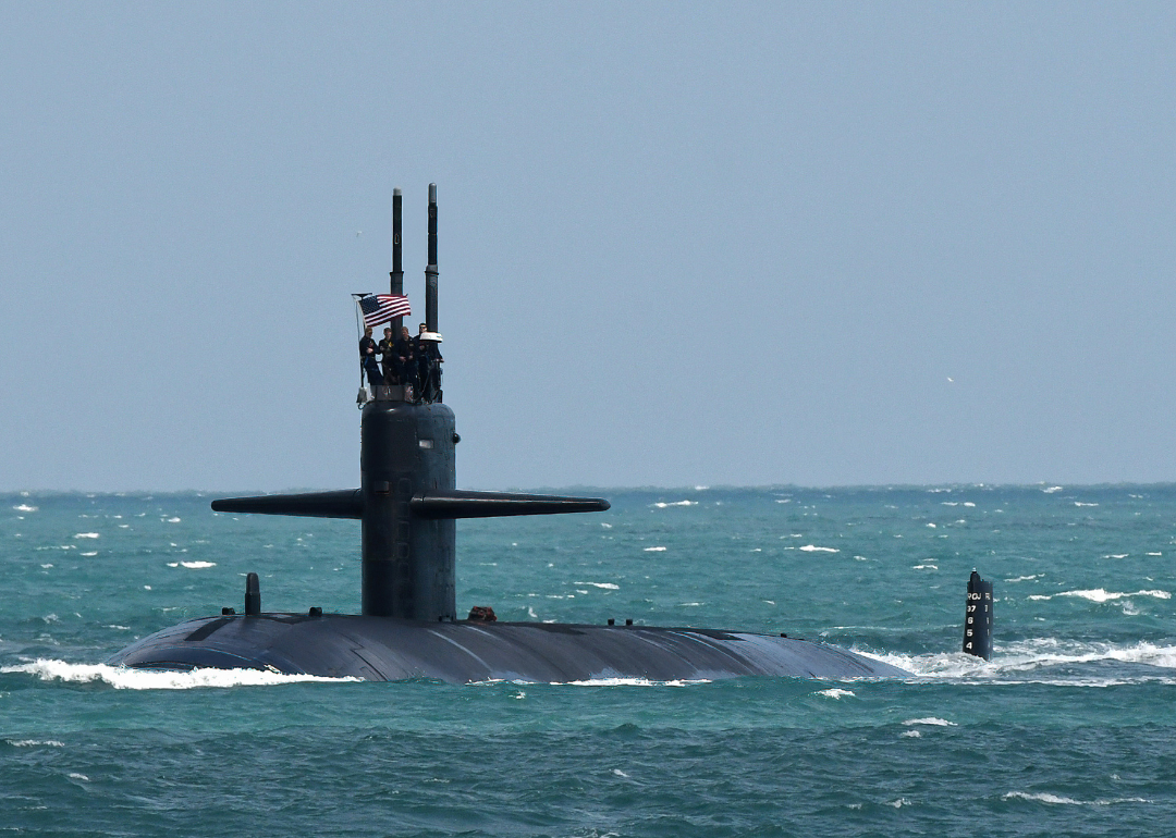  A nuclear-powered U.S. Navy submarine cruises into the Navy Port at Port Canaveral.