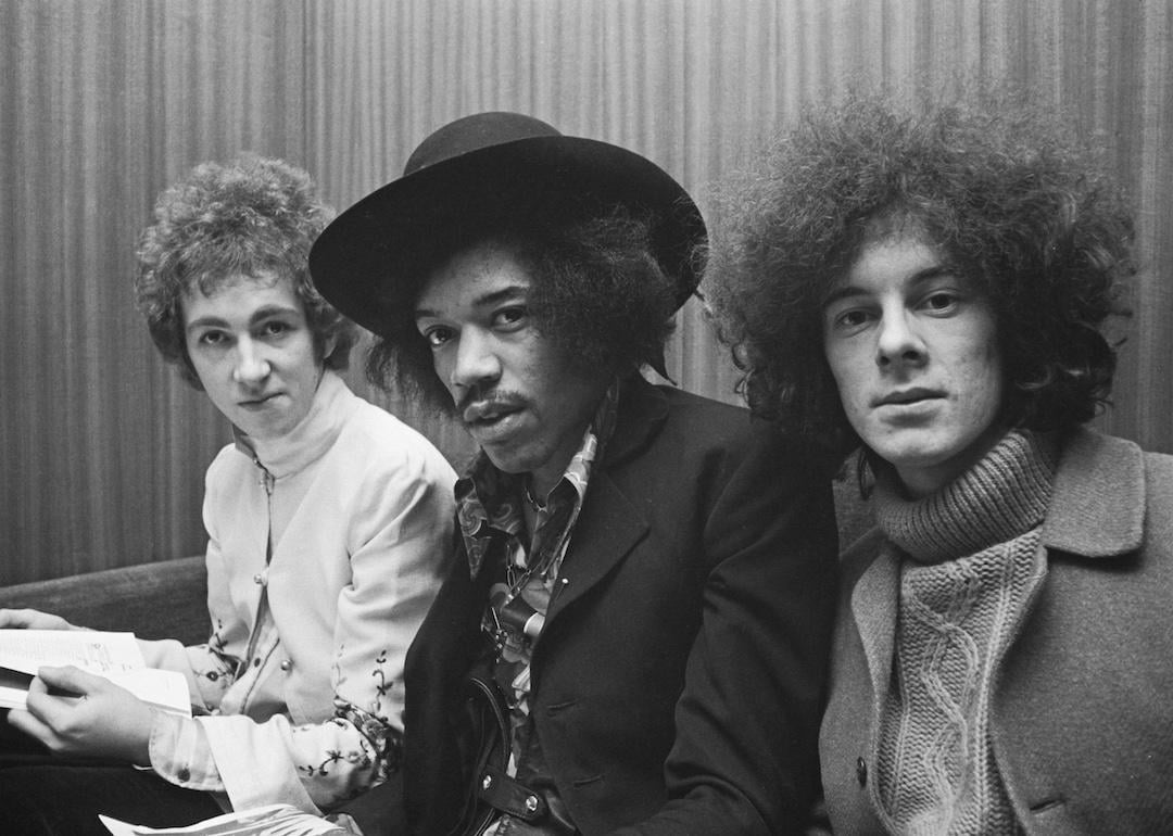 Drummer Mitch Mitchell, guitarist and singer Jimi Hendrix, and bassist Noel Redding of the Jimi Hendrix Experience in London, circa August 1967.