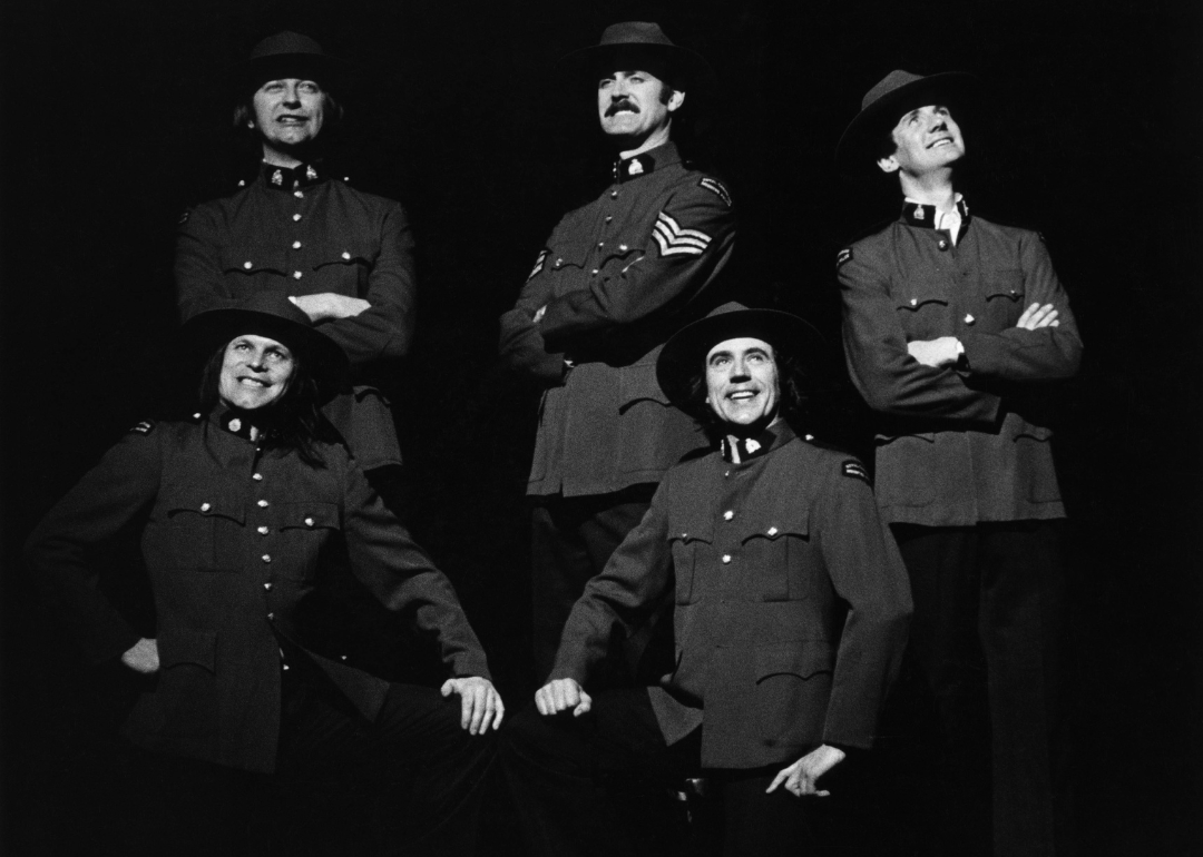 Photo of the cast of "Monty Python's Flying Circus", Back row L-R: Graham Chapman, John Cleese, Michael Palin. Front L-R: Terry Gilliam, Terry Jones (Photo by Richard E. Aaron/Redferns)