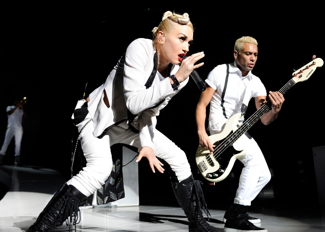 Gwen Stefani (L) and Tony Kanal of No Doubt perform at Sleep Train Pavilion on July 21, 2009 in Concord, California.