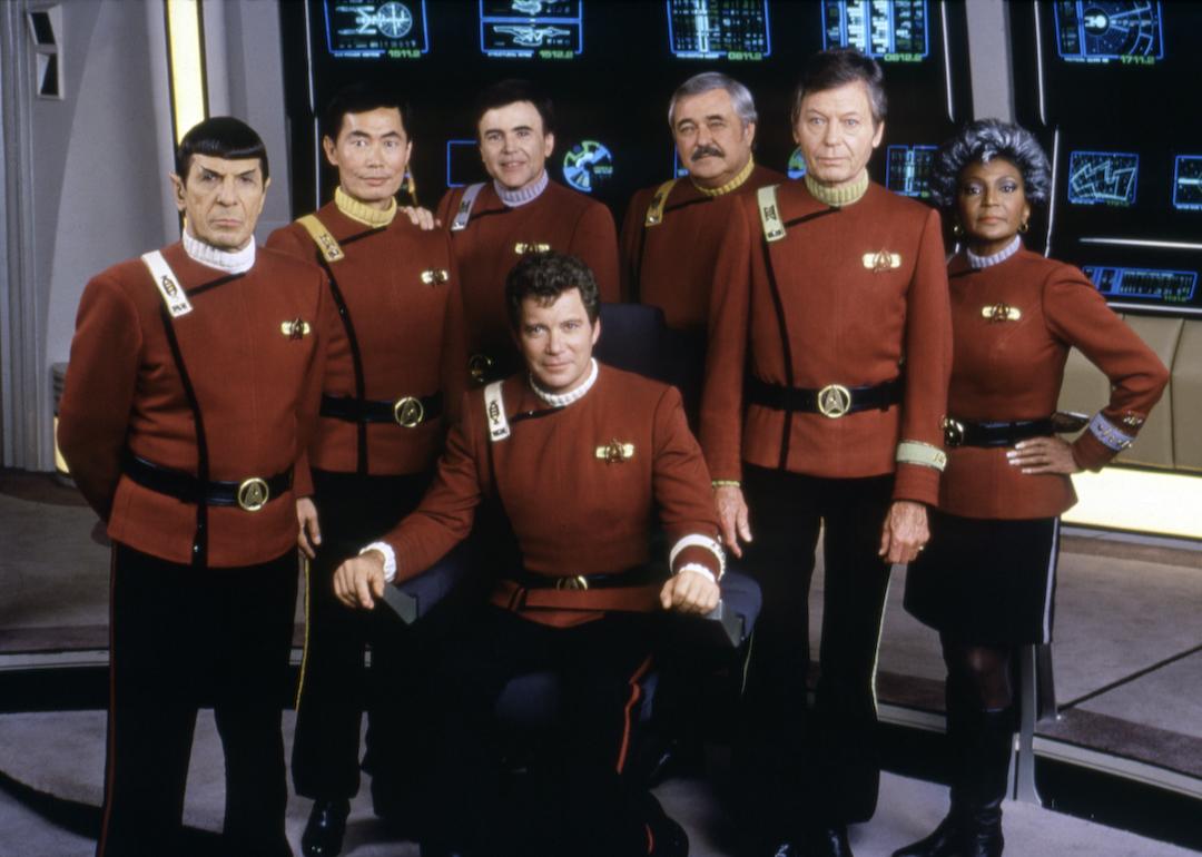 Leonard Nimoy, George Takei, Walter Koenig, DeForest Kelley, Nichelle Nichols, and Canadian William Shatner on the set of 'Star Trek V: The Final Frontier.'