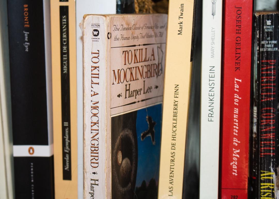 Classic books, including 'To Kill a Mockingbird' by Harper Lee and 'Jane Eyre' by Charlotte Brontë, on a shelf.