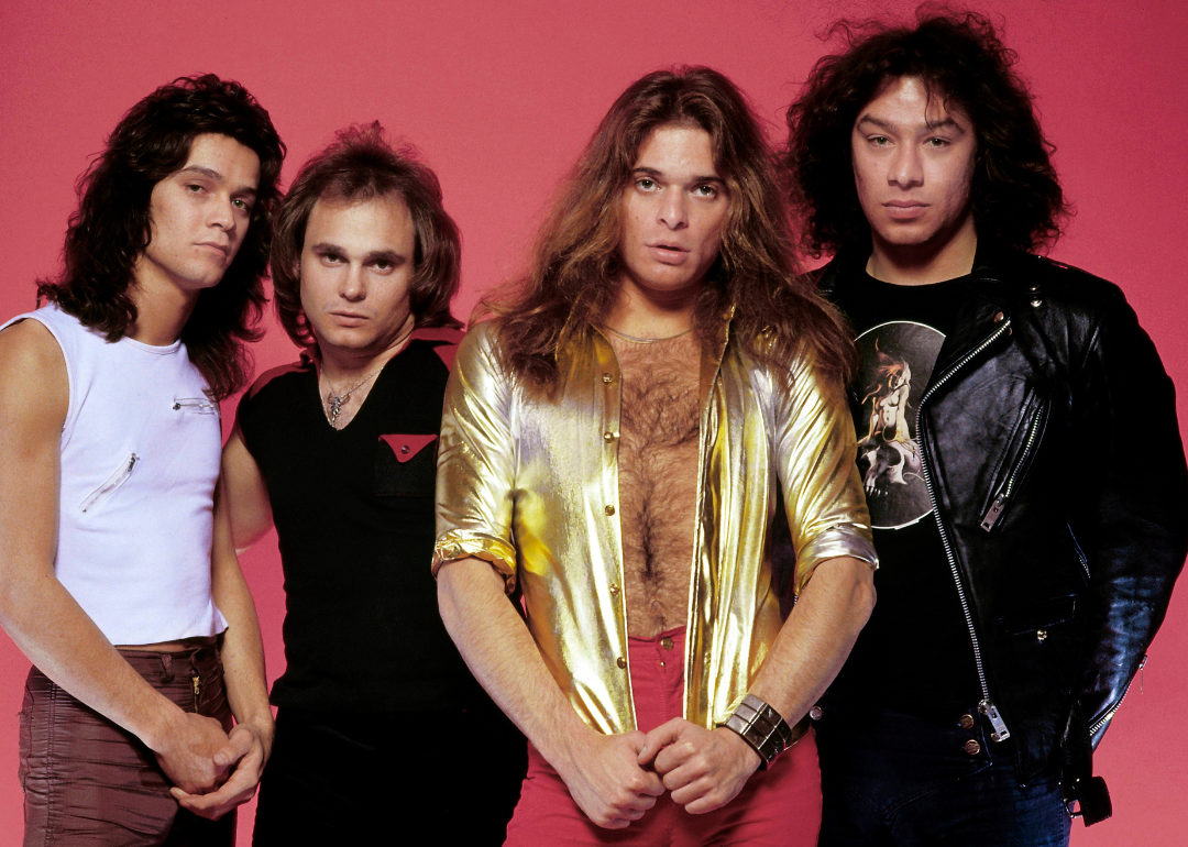 Studio photo of members of the band Van Halen, L-R: Eddie Van Halen, Michael Anthony, David Lee Roth, Alex Van Halen