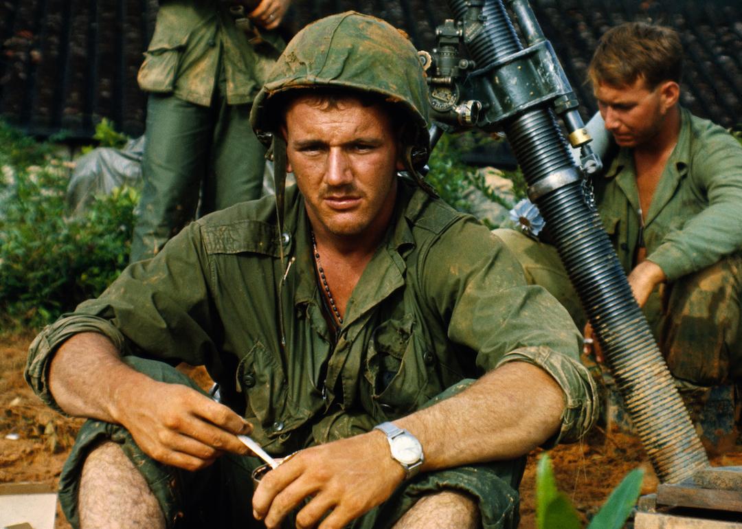 Troops of U.S. Army 1st Brigade infantry on a search and destroy operation south of Bien Hoa Airbase in Vietnam.