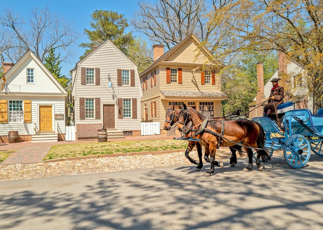 Person driving a horse and carriage on a street in historic colonial Williamsburg.