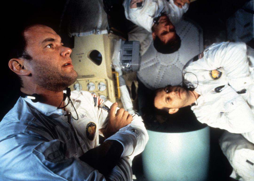Actors Tom Hanks, Kevin Bacon, and Bill Paxton in zero gravity in a scene from the 1995 space film 'Apollo 13.'