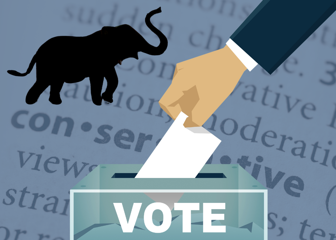 Illustration of a hand casting a ballot with the Republican symbol in the background.