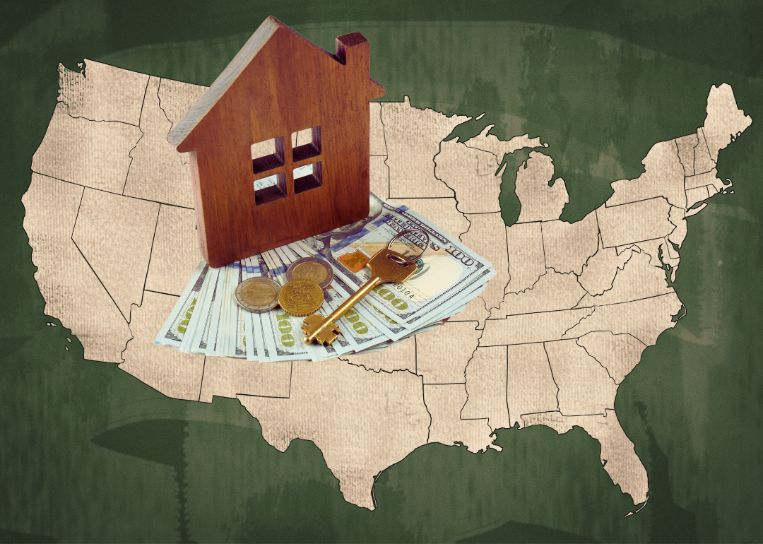 photo illustration with money, keys on map of U.S, concept of housing market 