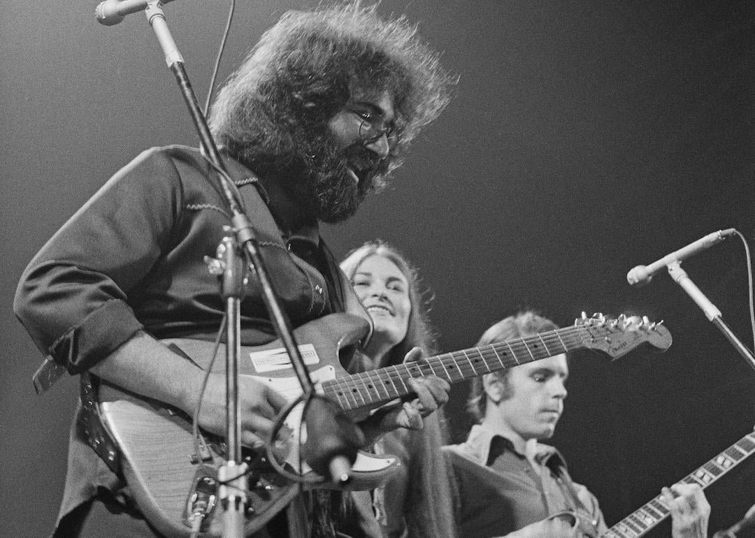 Jerry Garcia and Bob Weir of The Grateful Dead performing at the Empire Pool at Wembley, London, in April 1972.
