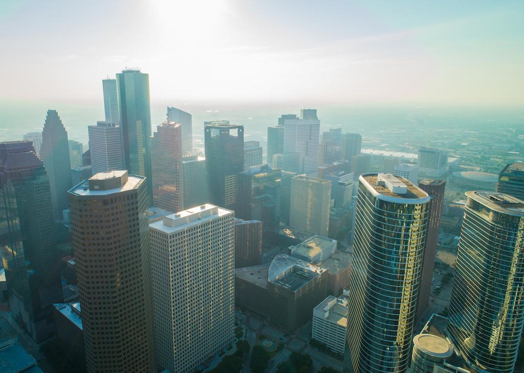 Aerial view of downtown Houston, Texas in the morning covered in fog.