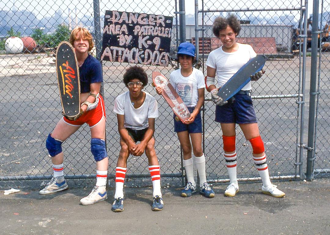Teen skateboarders in front of the abandoned pier in Hoboken, New Jersey, in 1978.