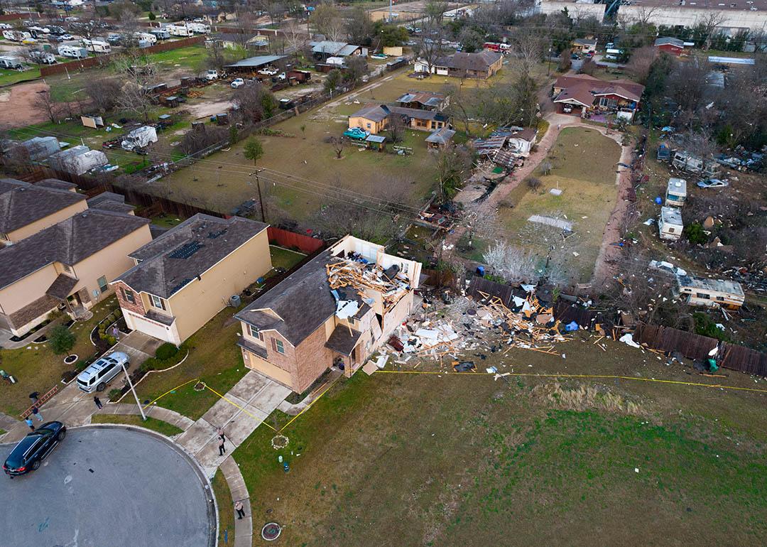 aerial view of tornado damage in central texas