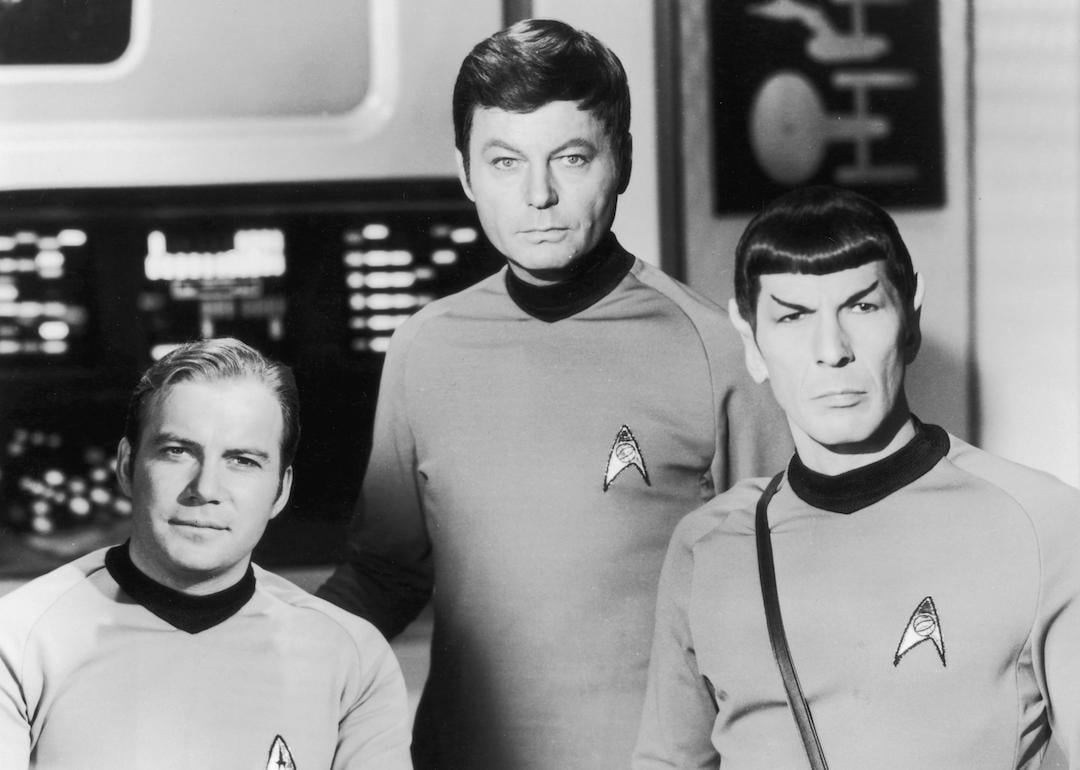 William Shatner as Captain Kirk, DeForest Kelley as Dr 'Bones' McCoy, and Leonard Nimoy as Mr Spock in a promotional portrait for the TV show 'Star Trek' in 1966.