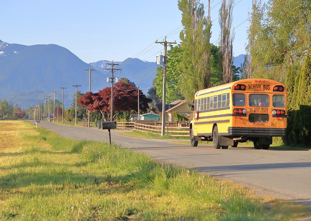 school bus picks up on rural road route