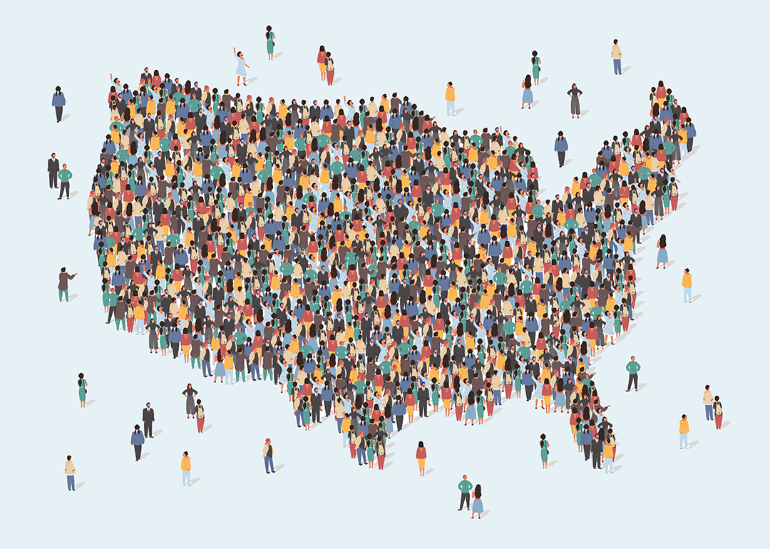 illustration of shape of USA map made up of figures of people