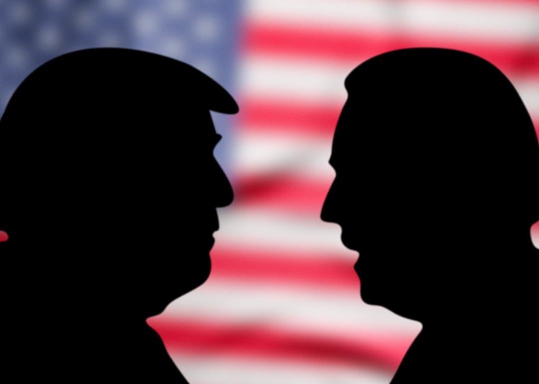 A black silhouette of Trump and Biden's profiles with a U.S. flag background.