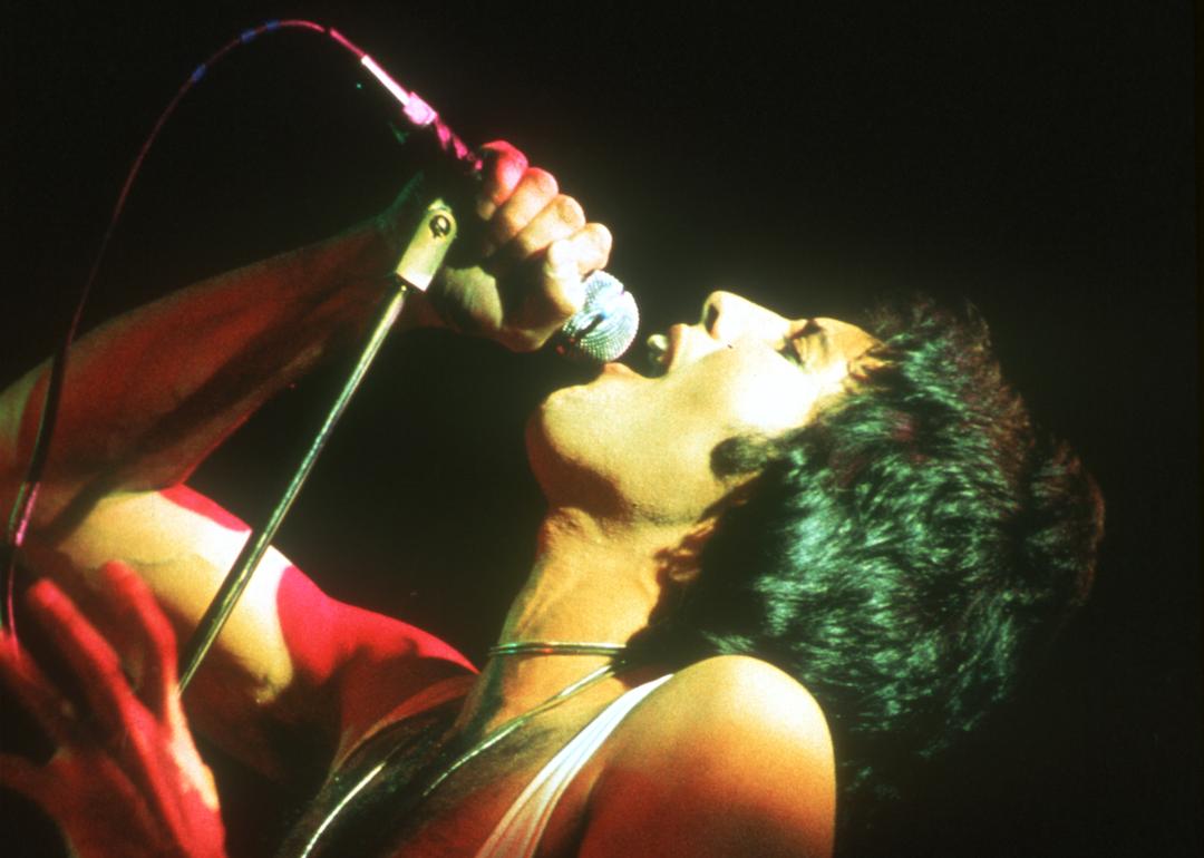 Freddie Mercury of rock band Queen performs at the Forum on Dec. 22, 1977 in Inglewood, California.