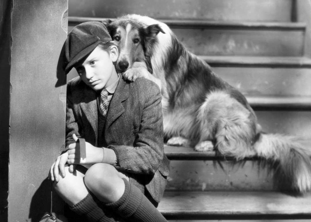  A young Roddy McDowall lends a shoulder to his beloved dog Lassie in the first of the Lassie films, "Lassie Come Home" 1943.