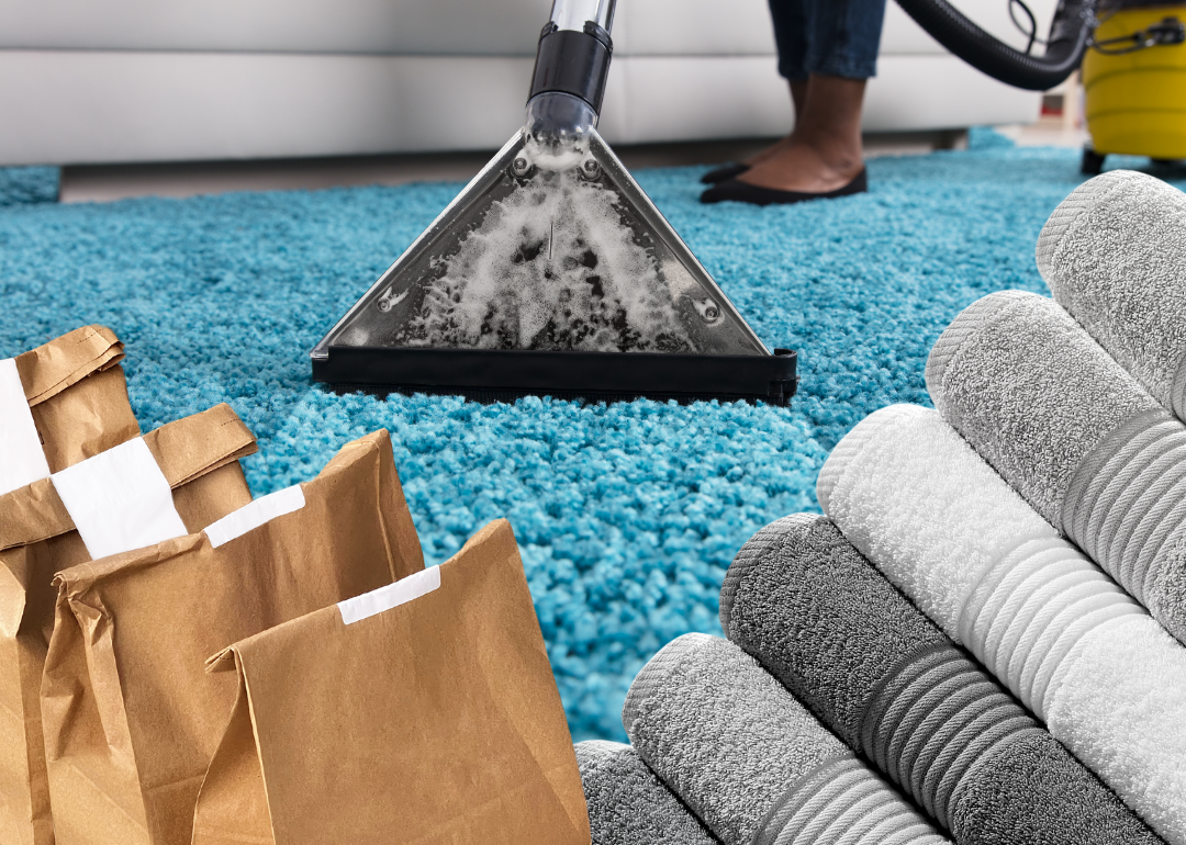 An illustration showing packaged food deliveries, fresh laundry and a carpet being steam cleaned.