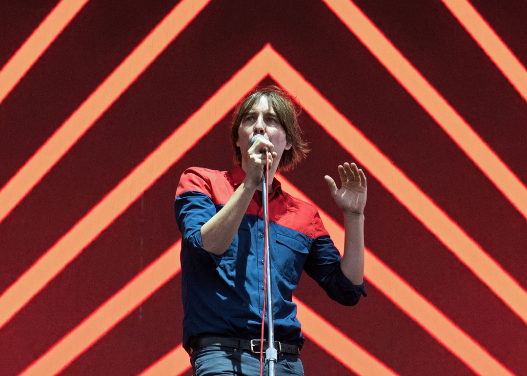 French band Phoenix lead singer Thomas Mars performs on stage during the Festival d'ETE Concert in Quebec City on 12 July 2018.