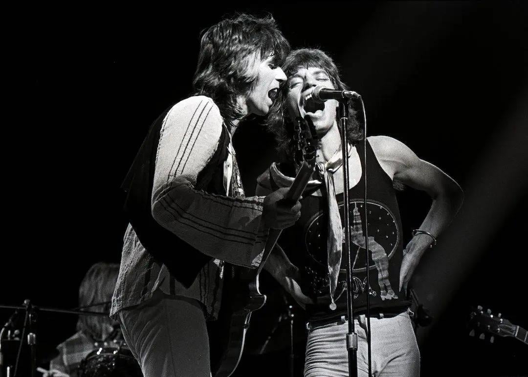 Kieth Richards and Mick Jagger of The Rolling Stones perform onstage in 1972.