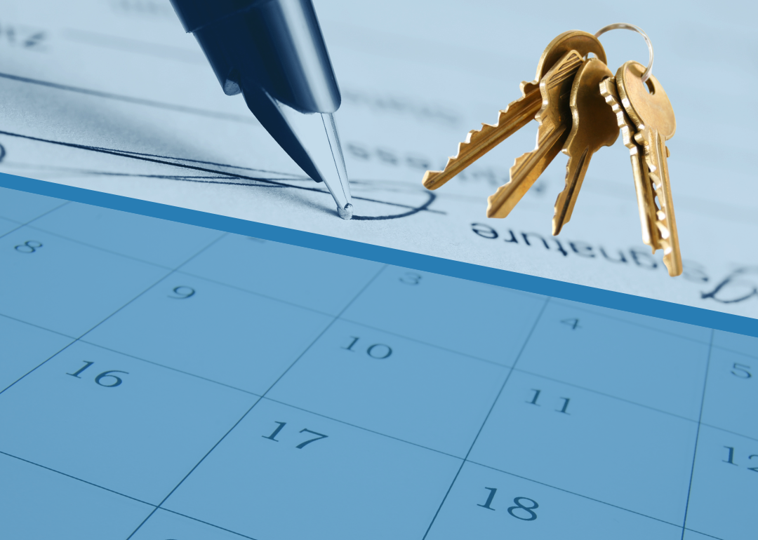 Illustration of contract signing, calendar and house keys.