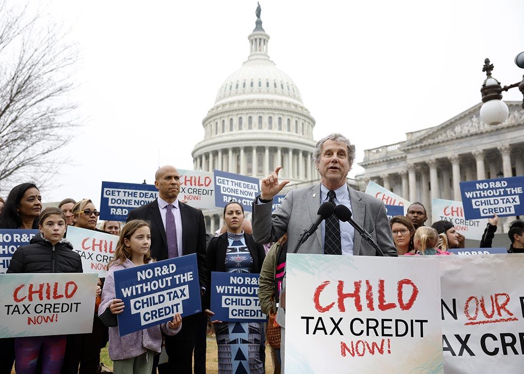 Senator Sherrod Brown (D-OH) speaks during press briefing on expanding the child tax credit