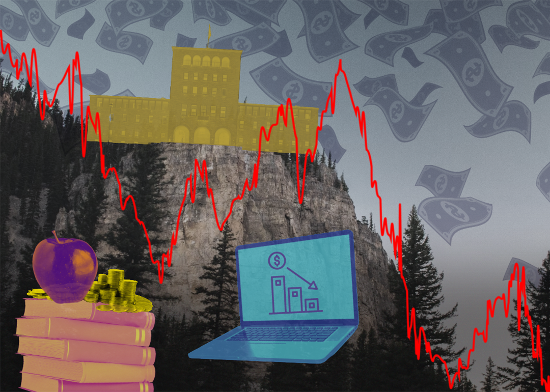 Concept illustration of school systems losing funding with graphic elements of cliff, schools, computers and finance charts.