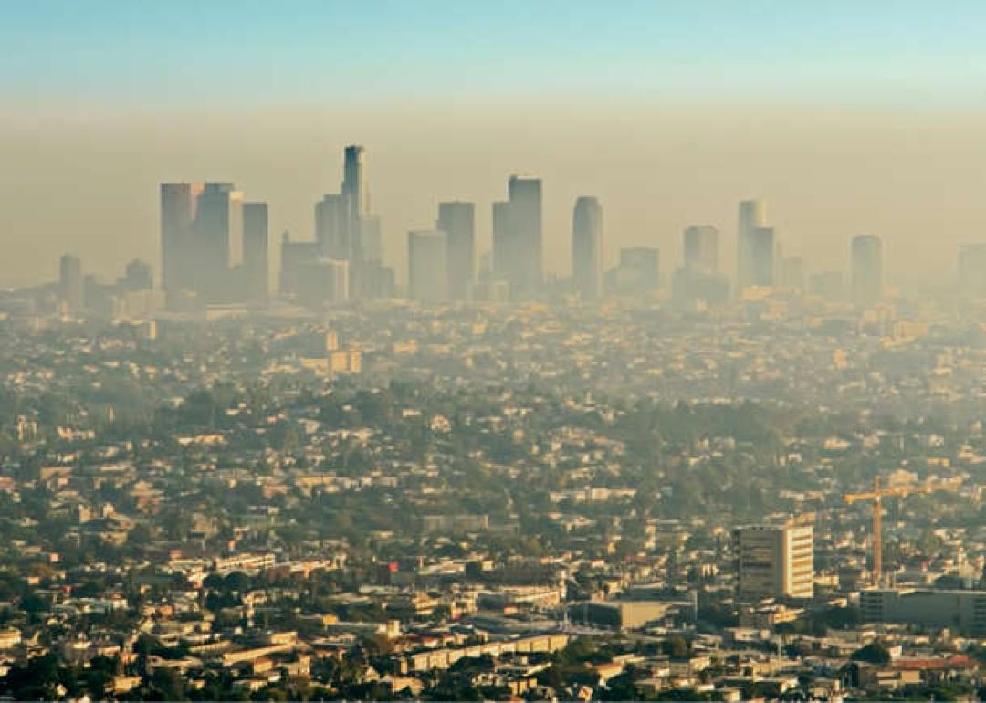 View of the Los Angeles skyline surrounded by smog