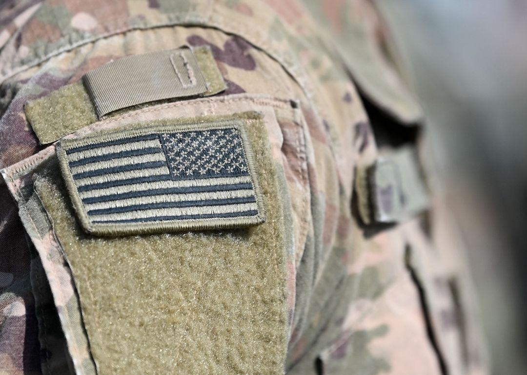 Closeup of flag on military member's uniform.