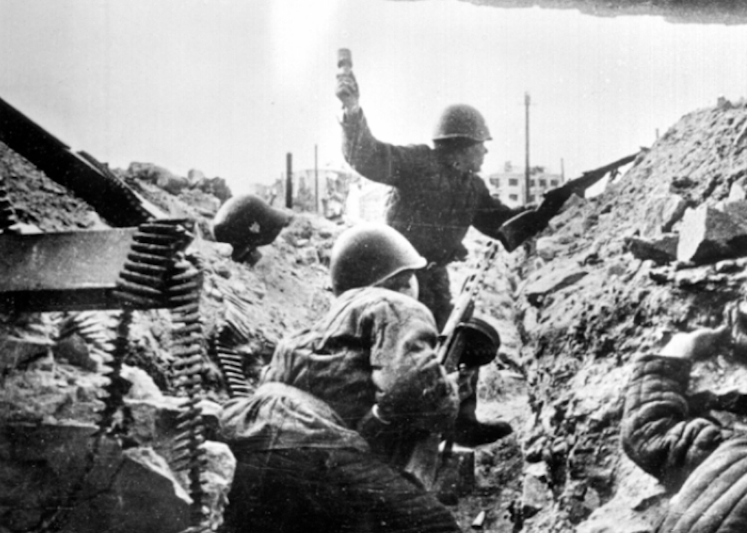 Russian soldiers hiding in their bunker during the World War II, the Battle of Stalingrad, circa 1942.