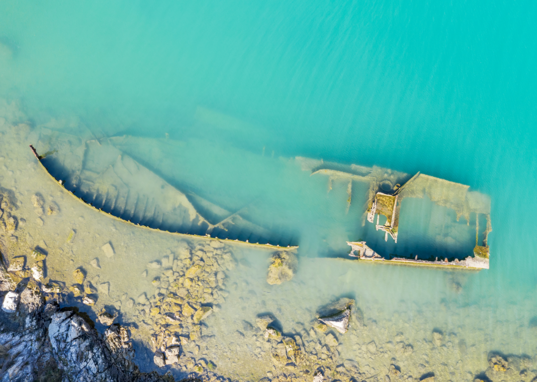 An aerial view of the sunken German ship Fritz in Rasa Bay, Croatia.