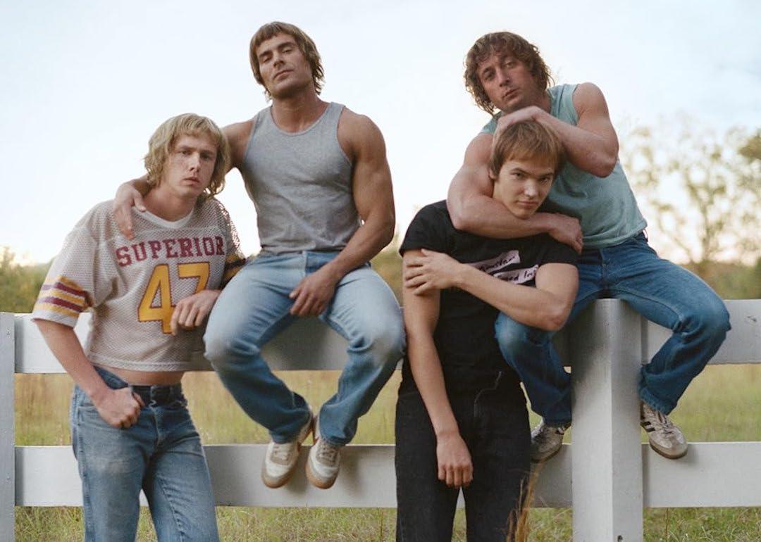 Actors Zac Efron, Jeremy Allen White, Stanley Simons, and Harris Dickinson in 'The Iron Claw.'