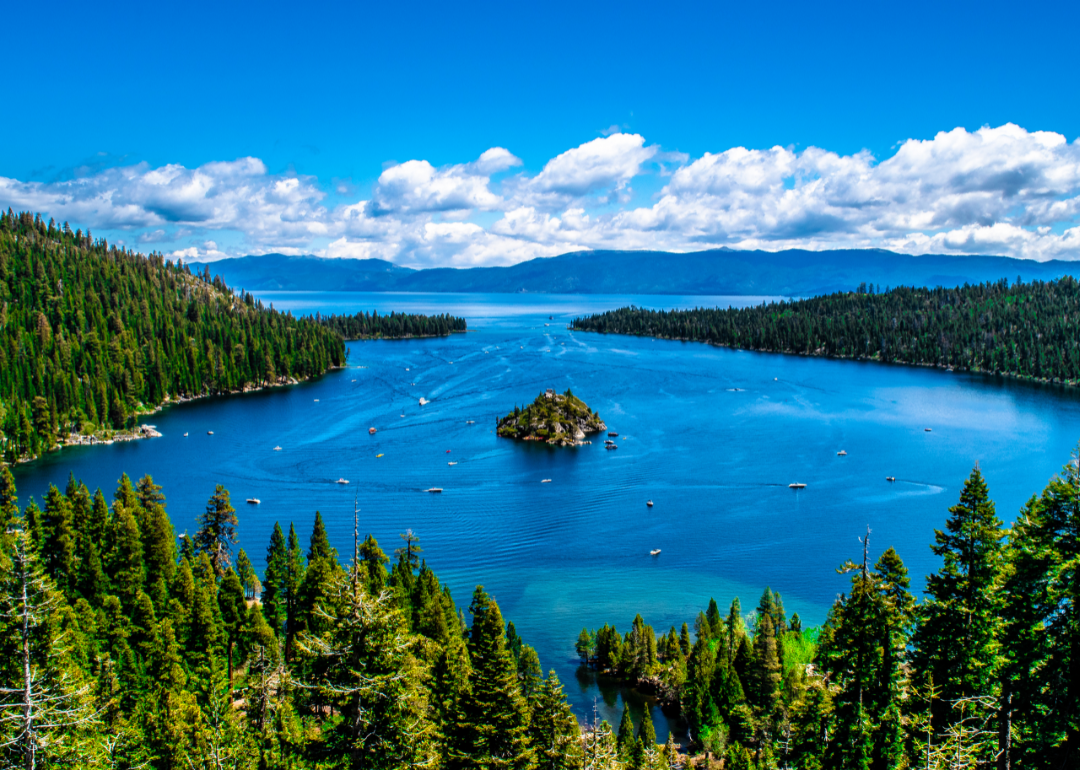 View of trees and water in Lake Tahoe in California.