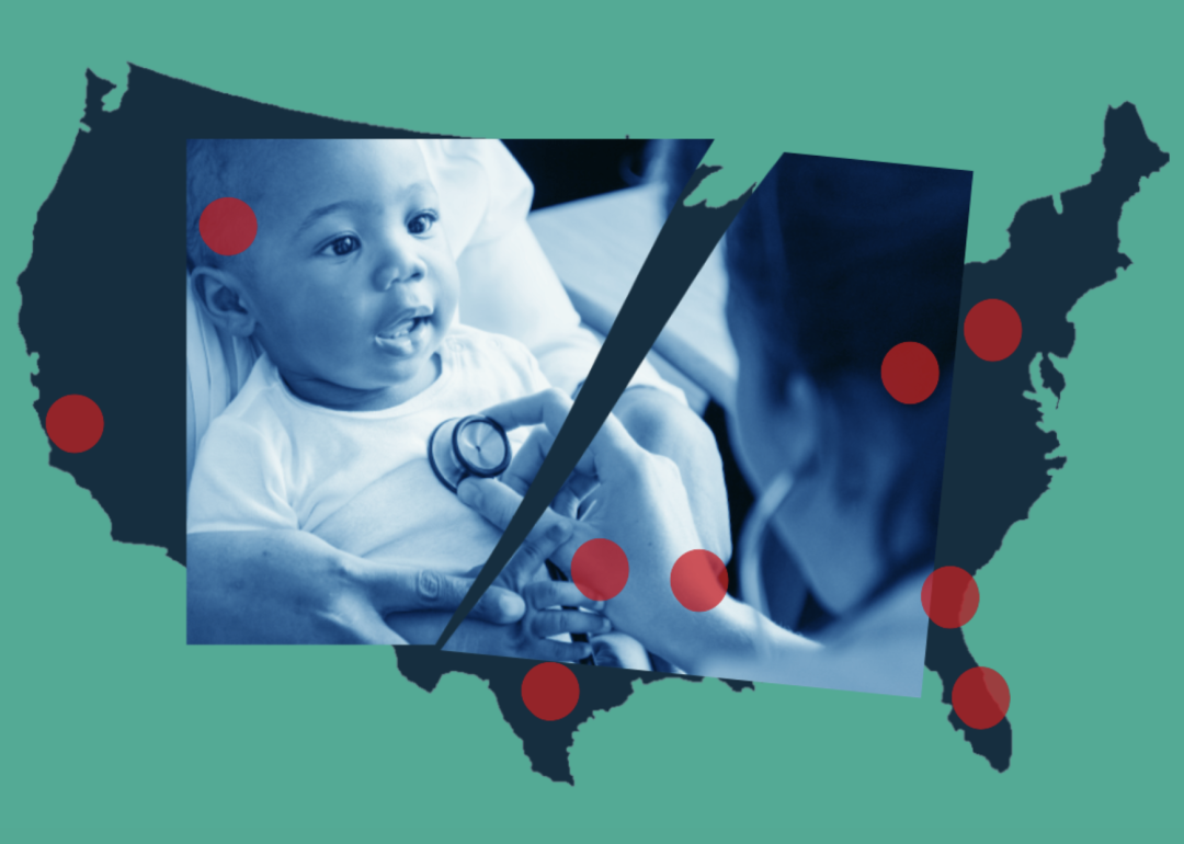Photo illustration baby visit to doctor over a map of the US.
