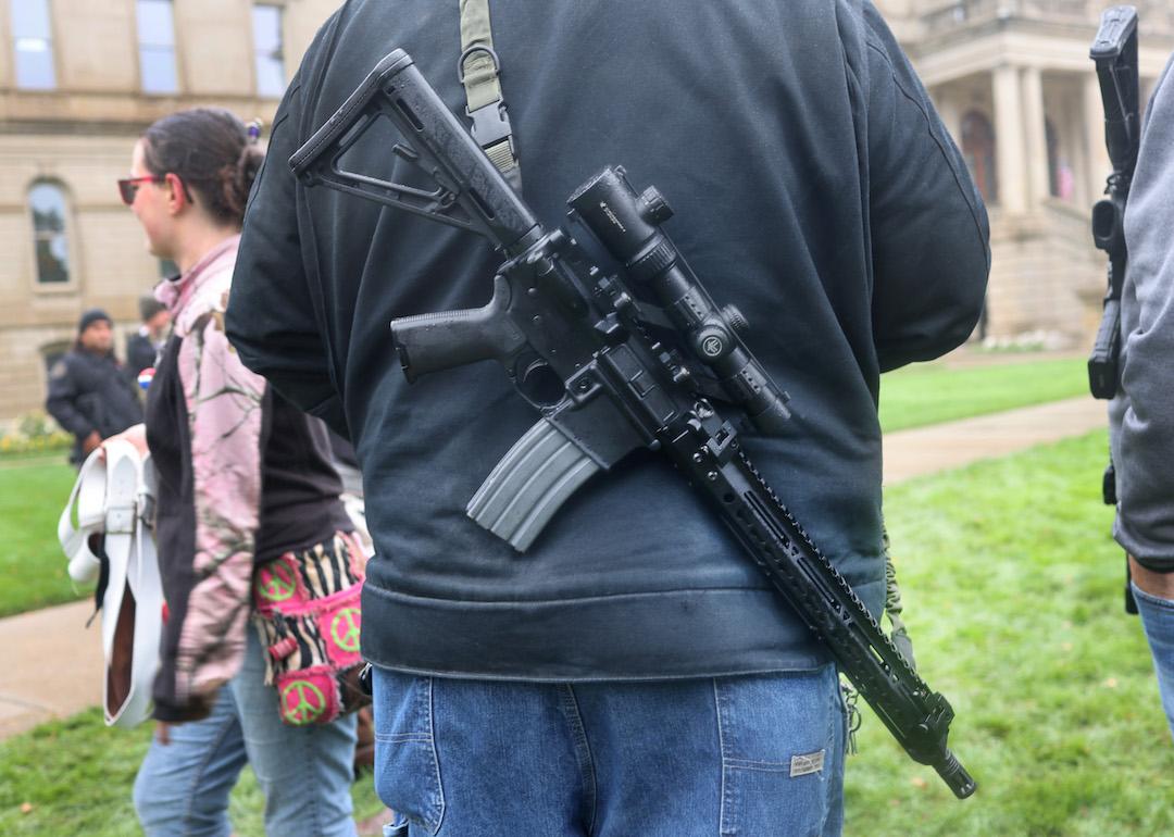 Gun rights activists gather for a rally at the Michigan State capital building in Lansing, Michigan.