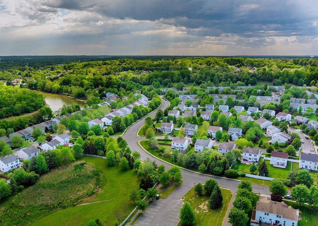 Aerial view roofs of river townhouses in East Brunswick, New Jersey. 