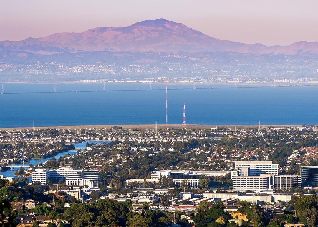 An aerial view of San Carlos and Redwood City with Mount Diablo in the background.